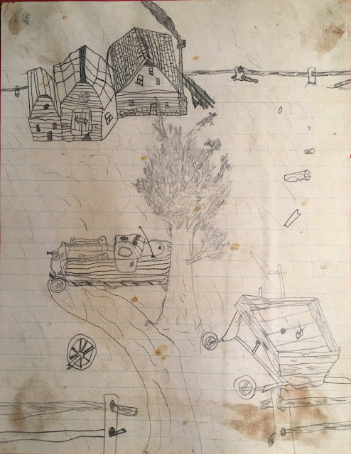Child's drawing of farmhouse, barn, pickup truck, tree, wagon and fence.