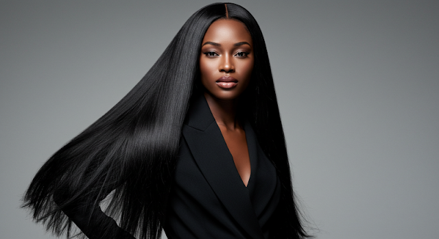 A confident woman with long sleek black hair wearing a chic black outfit against a neutral background symbolizing the power of natural hair care for healthy vibrant locks