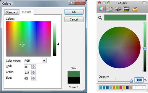 Color selection tools in operating systems. Left: Windows. Right: MacOS