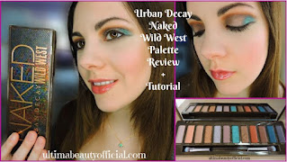 Collage of three photos. Text reads: "Urban Decay Naked Wild West Palette Review + Tutorial" Photo 1: Ultima Beauty holding closed Urban Decay Naked Wild West Palette; Photo 2: Ultima Beauty wearing eyeshadow from Urban Decay Naked Wild West Palette, eyes closed; Photo 3: Close up of Urban Decay Naked Wild West palette eyeshadow shades