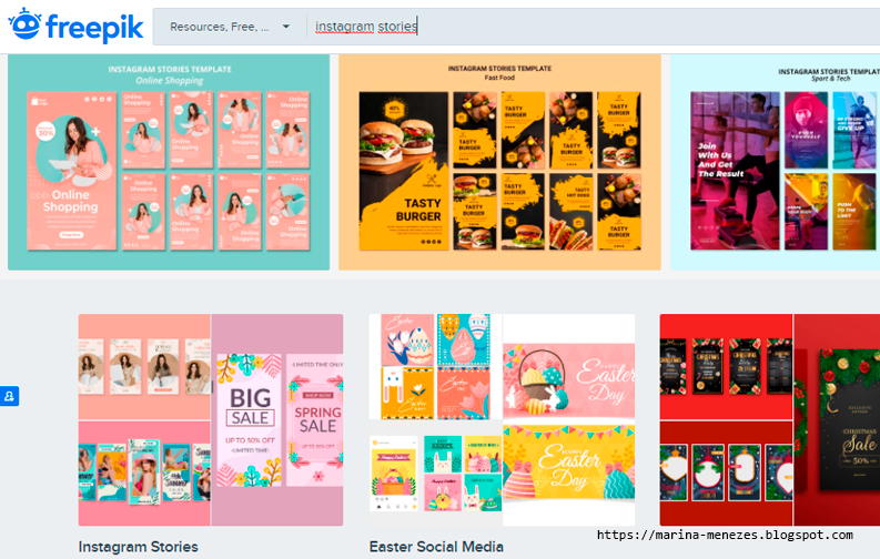 A imagem mostra uma captura de tela do site Freepik com vários modelos de stories para instagram como resultado da busca no site