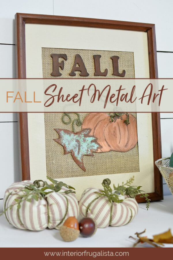 How to make unique burlap and oxidized copper sheet metal pumpkin art for Fall with a recycled thrift store picture frame and copper metal effects kit. #fallwalldecor #pumpkincraft #diyfalldecor