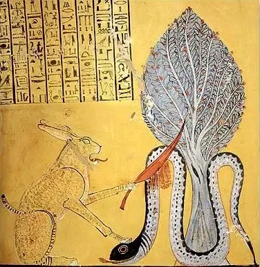 The sun god Re, in the form of Great Cat, slays the snake Apep