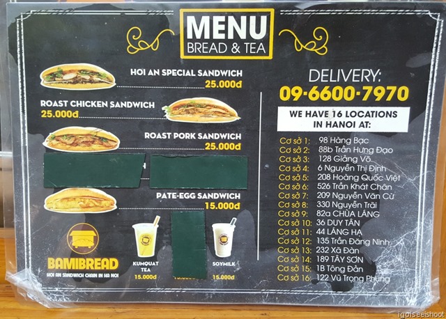 Menu at Banh Mi Bread in Hanoi