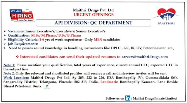 Maithri Drugs | Hiring for QC -API division | Send CV