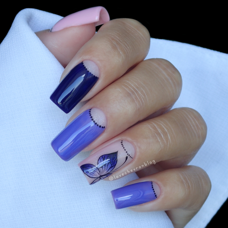 Laqell | Atrament Blue | Electric Purple | Baby Pink | motyl na paznokciach | half moon | negative space nail | Top Niuqi | wiosenne paznokcie | paznokcie hybrydowe |