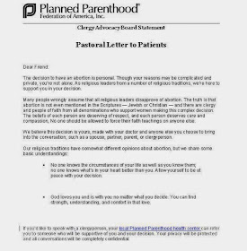 Image of the Planned Parenthood "pastoral letter" that lays out only a prochoice religious stand, denegrating a prolife religious stand, and offering patients a referral only to clergy who will "support" an abortion decision.