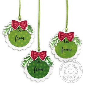 Sunny Studio Stamps Mini Red and Green Bow Gift Tags by Mendi Yoshikawa (using Season's Greetings and Holiday Style Stamps, Scalloped Circle Tag dies and Holiday Cheer 6x6 Paper)