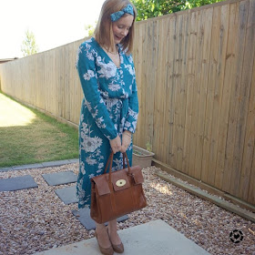 awayfromblue Instagram | kmart teal floral midi dress with heels, bow in hair and mulberry oak NVT bayswater