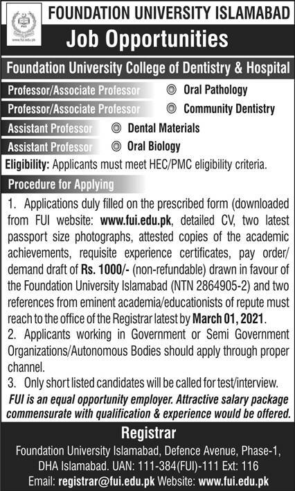 Foundation University College of Dentistry & Hospital Islamabad Jobs 2021 - FUI Jobs 2021 - Download Job Application Form :- www.fui.edu.pk