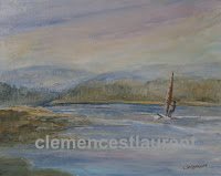 Around Chaleur Bay, 8 x 10 oil painting by Clemence St. Laurent - windsurfer on the water with mountains in the background