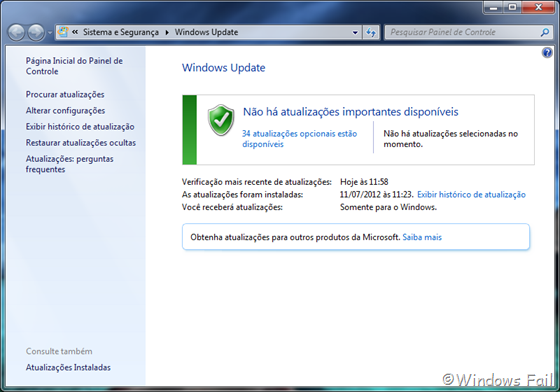 Na janela do Windows Update, clique em Alterar Configurações