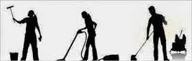 3 black silhouette figures doing housework, to illustrate "Housekeeping"