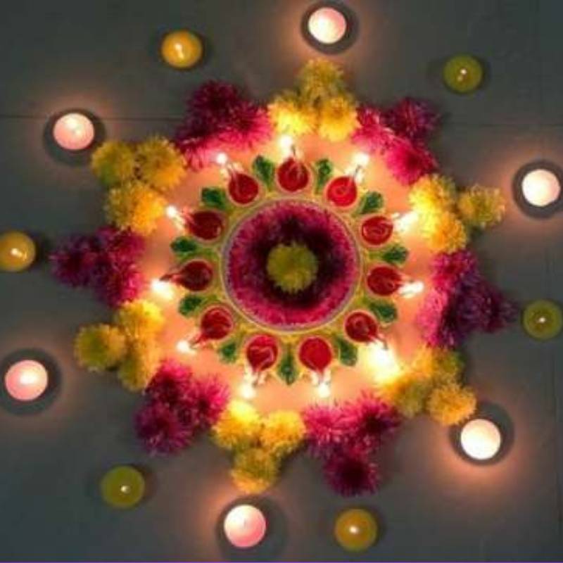 Diwali Diya Decoration with Flower Idea