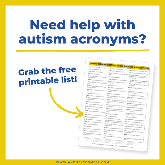 Free printable list of acronyms related to autism, hyperlexia, & neurodiversity