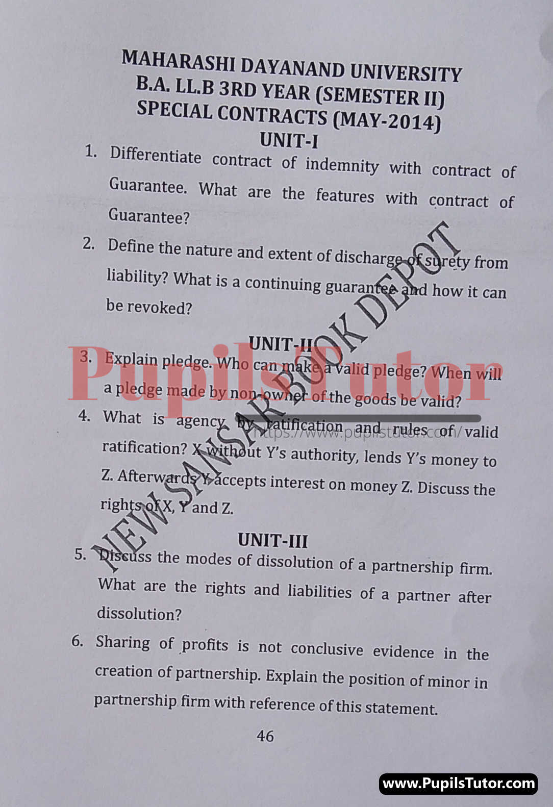 MDU (Maharshi Dayanand University, Rohtak Haryana) LLB Regular Exam (Hons.) Second Semester Previous Year Special Contracts Question Paper For May, 2014 Exam (Question Paper Page 1) - pupilstutor.com