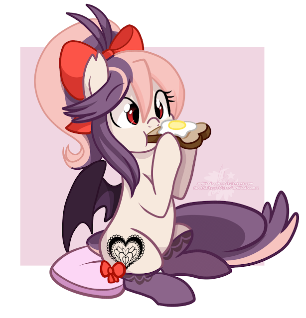 Sweet Velvet sits upright on a pillow eating egg on toast that she is holding up to her mouth with both hands. She looks very typical for this character. Her red eyes, black heart shaped lace design cutie mark, dark grey wings, and purple and pink her both sit in contrast to her cream coat. She is wearing her signature purple socks with little red bowties on her hind legs and big red bowtie in her mane. A simple light purple square servers as a background.