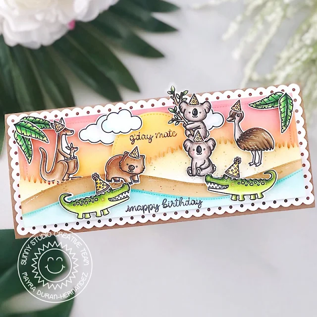 Sunny Studio Stamps: Outback Critters Slimline Dies Stitched Circle Dies Critter Themed Birthday Card by Mayra Duran-Hernandez