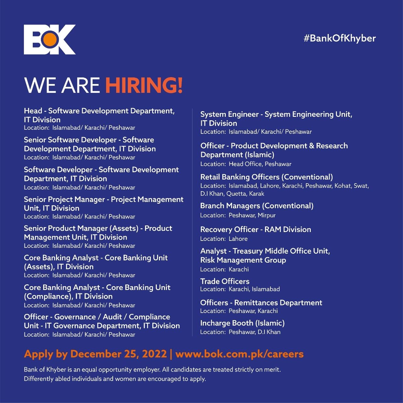 Bank Of Khyber is looking for highly motivated and career-oriented professionals