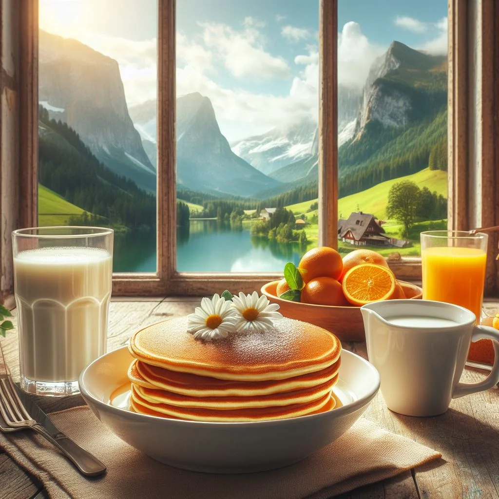 plato de pancakes frente a una ventana con vista al campo