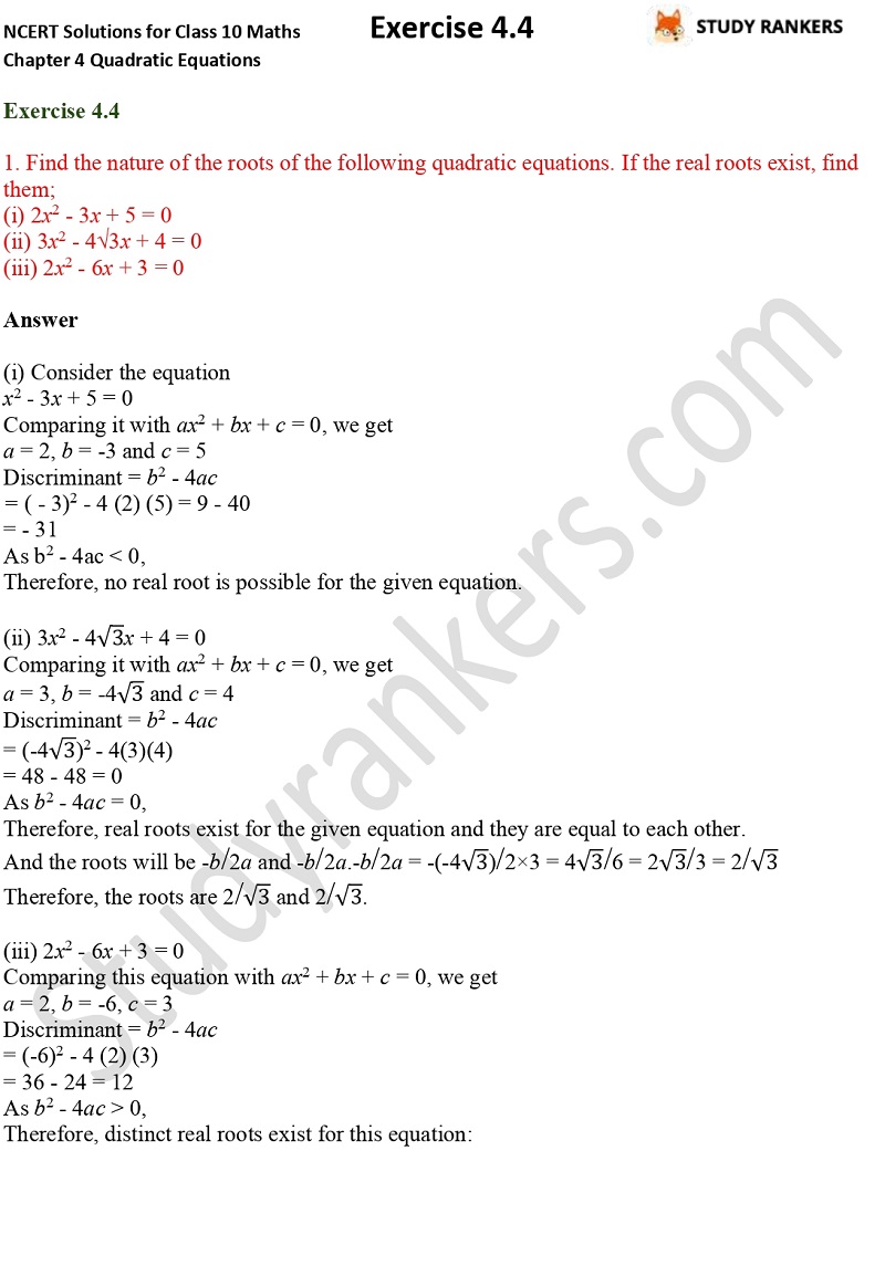 Ncert Solutions For Class 10 Maths Chapter 4 Quadratic Equations Exercise 4 4