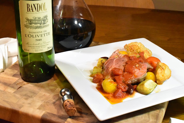 Domaine de L'Olivette Bandol with Herb Roasted Leg of Lamb and Saucy Mediterranean Veggies. 