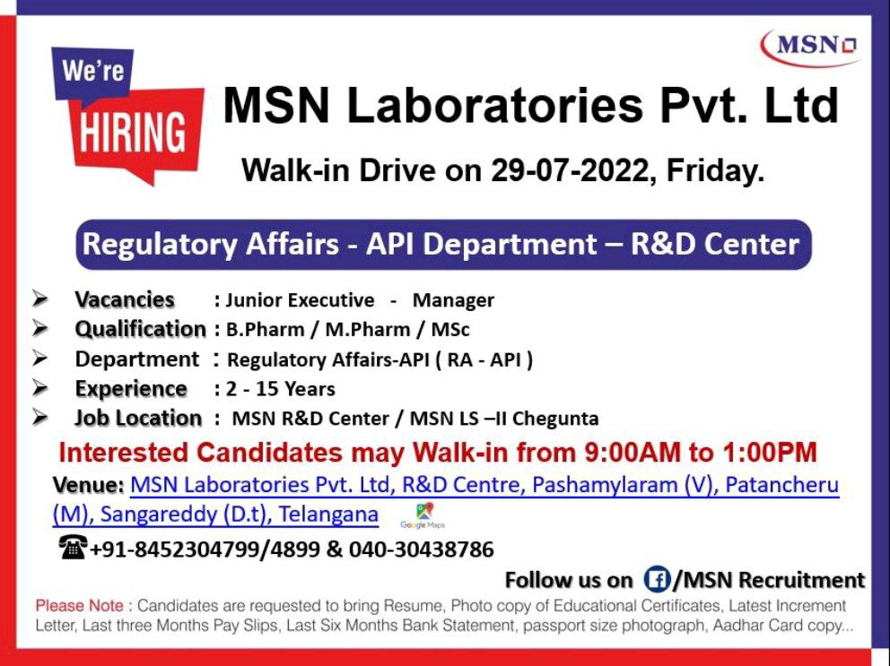 Job Available's for MSN Laboratories Pvt Ltd Walk-In Interview for B Pharm/ M Pharm/ MSc