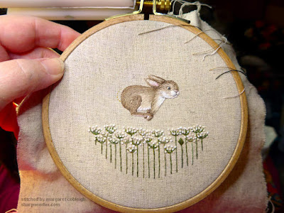 Embroidered pinwheel front--hare and flowers--from Jenny McWhinney's Queen Anne's Lace
