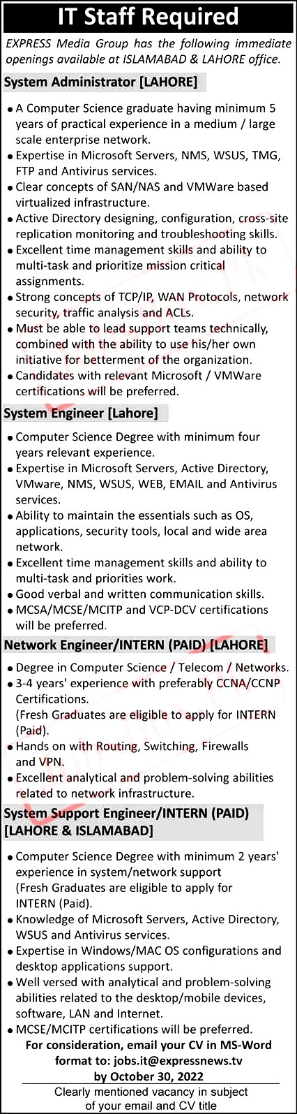 Express Media Group Islamabad and Lahore Offices Jobs 2022