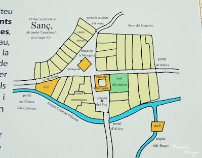 Panel informativo en la calle de L'Enova,que muestra la distribución de la población y la acequia en la época medieval-