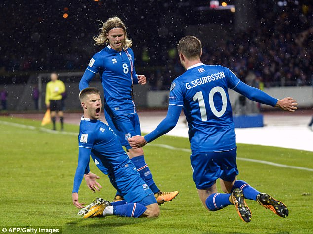  Iceland celebrate jubilantly as Johann Gudmundsson (left) scores against Kosovo 