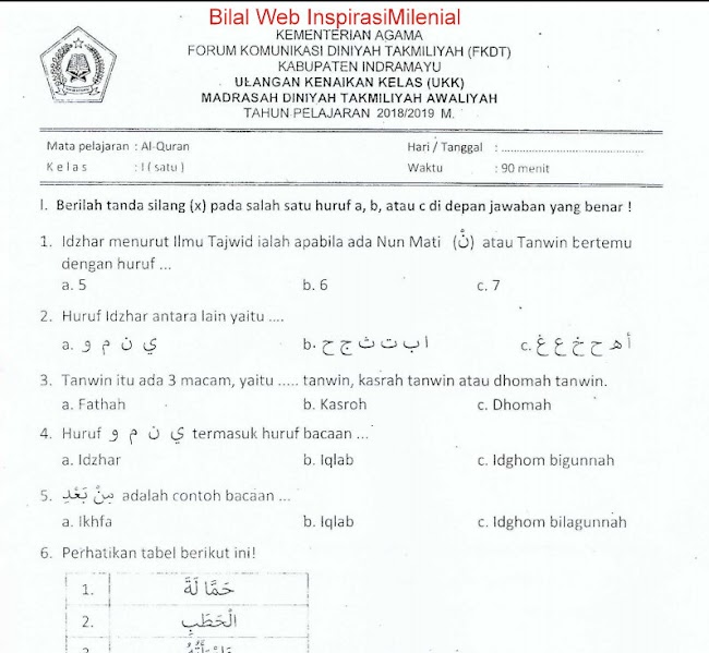 Download Soal UKK Madrasah Diniyah Takmiliyah Awaliyah (MDTA) Mapel Al Qur'an 1 Tahun 2018-2019 M