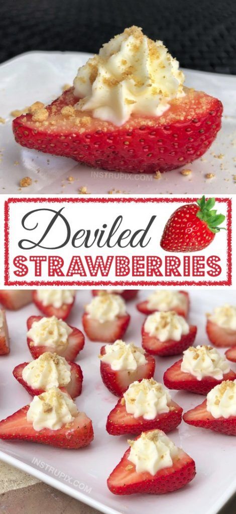 OMG!! Made with a sweet cream cheese filling! - The BEST finger food, sweet snack and party idea for a crowd! This quick, easy and fun appetizer idea is also perfect for Valentine's Day! Kids and adults love them. | Deviled Strawberries Recipe #instrupix #partyfood #strawberries #cheesecake #creamcheese #valentinesday #dessert #sweettooth