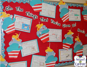 Dr. Seuss literacy week display~Students wrote about all the things Dr. Seuss has given them as readers then made him a cupcake and gave a gift in return!