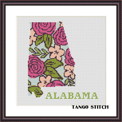 Alabama state map floral silhouette cross stitch pattern - Tango Stitch