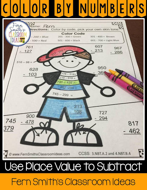 Teaching How to Use Place Value to Subtract Including Lesson Plans, Centers, Task Cards, Color By Numbers & More Resources. #FernSmithsClassroomIdeas