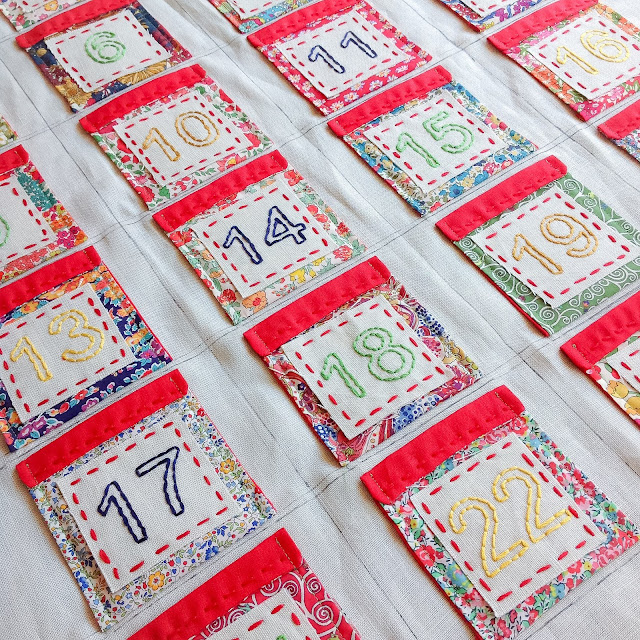 Liberty advent calendar pockets stitched in place