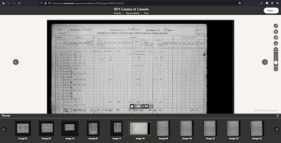 Screen capture from Ancestry of the 1871 Census of Canada, Ontario, district 42, sub-district D, Schedule 4, p. 1 with URL and Filmstrip visible.