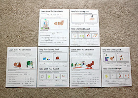 Tessa recorded information about proper pet care on a set of worksheets I created to help fulfill the requirements for Steps 1, 3 and 5 of the Brownies Pets Skill-Building Badge.