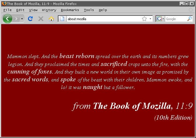 firefox 3 hidden easter egg page - about:mozilla - The Book of Mozilla 10th Edition