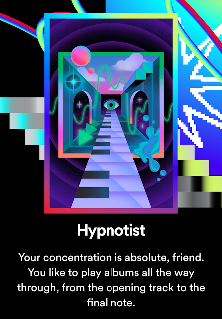 A screenshot of text that reads: "Hypnotist - Your concentration is absolute, friend. You like to play albums all the way through, from the opening track to the final note."
