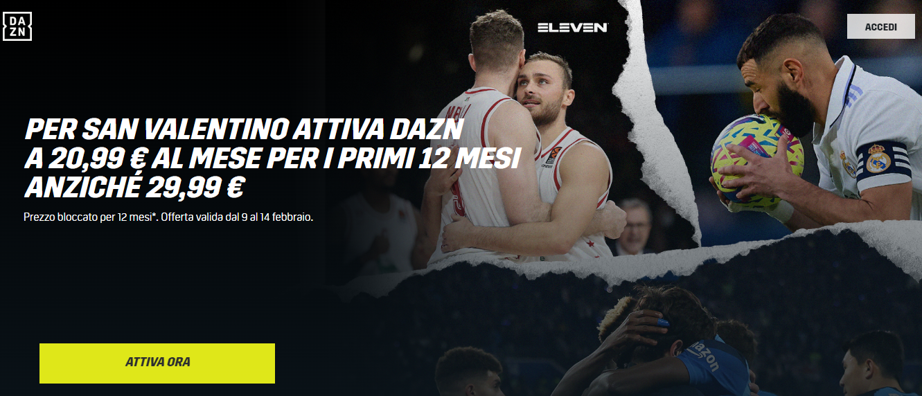 DAZN offerta San Valentino a 20,99 euro mese