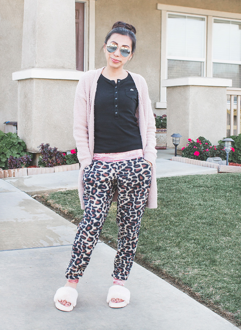 blush cardigan henley and leopard print joggers outfit