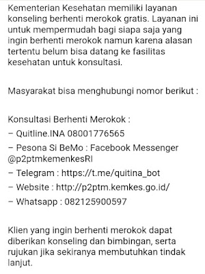 Layanan konseling berhenti merokok kementerian kesehatan RI yang dapat dihubungi secara luas oleh Masyarakat, shared by Jonadoctor Health and Business