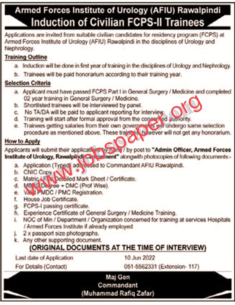 Latest Jobs at Armed Forces Institute of Urology in Rawalpindi in 2022