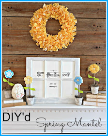 Vintage, Paint and more... A Spring mantel with a fabric rag wreath, a stenciled French graphic window and fabric flowers in painted peat pots DIY'd on a budget 
