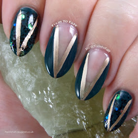 St. Patrick's Day nail art of green and gold plunging V designs, inspired by fashion for the Nail Challenge Collaborative.