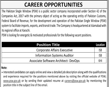 Information Systems Auditor Required in Pakistan Single Window (PSW)