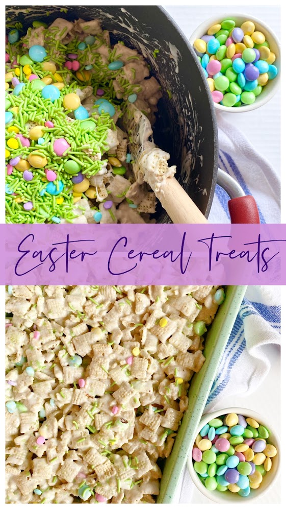Collage of Easter Cereal Treats in a bowl and green pan.