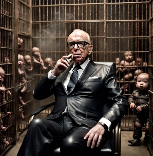 Rupert Murdock in a room with a cage full of babies smoking a cigar and a black leather suit